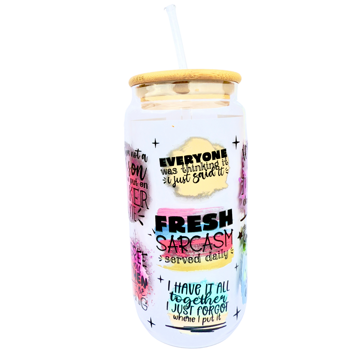 16oz Glass Tumbler with Bamboo Lid & Straw – “Fresh Sarcasm Served Daily” Funny Quote Design