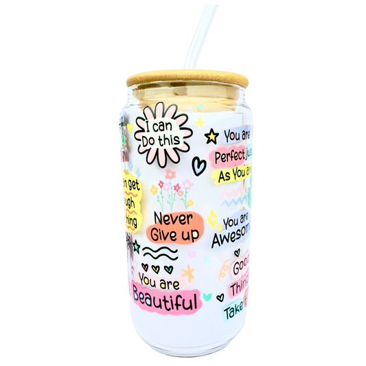 Cup of Positivity – Glass Tumbler with Bamboo Lid & Glass Straw