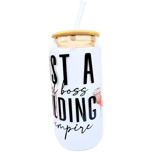 16oz Glass Tumbler with Bamboo Lid & Straw – “Just a Girl Boss Building Her Empire” Design