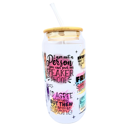 16oz Glass Tumbler with Bamboo Lid & Straw – “Fresh Sarcasm Served Daily” Funny Quote Design