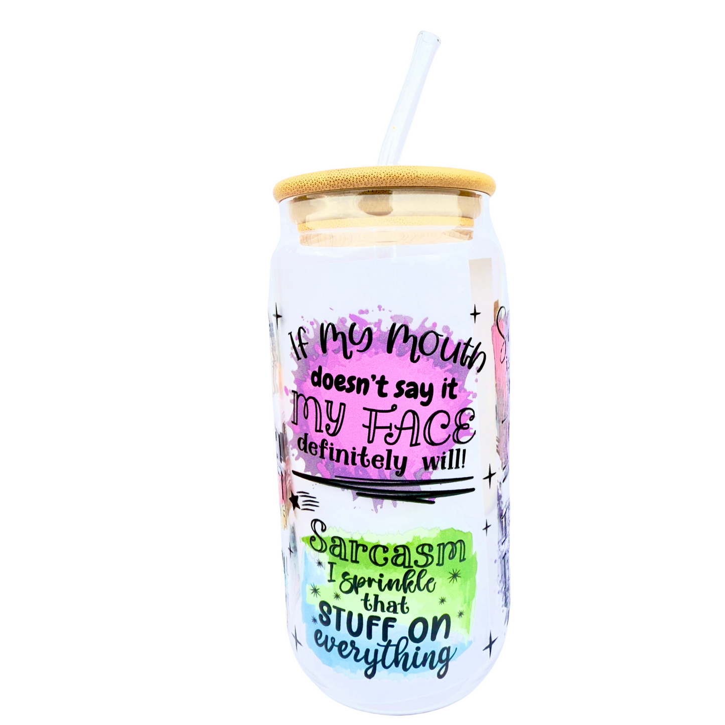 16oz Glass Tumbler with Bamboo Lid & Straw – “Fresh Sarcasm Served Daily” Funny Quote Design