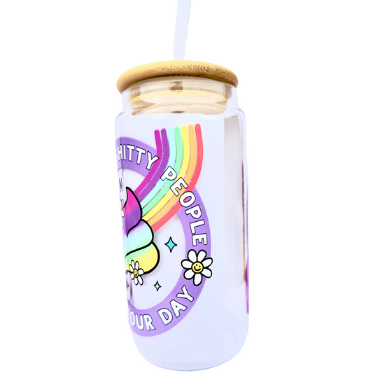 16oz Glass Tumbler with Bamboo Lid & Straw – “Don’t Let Sh*tty People Ruin Your Day” Rainbow Design