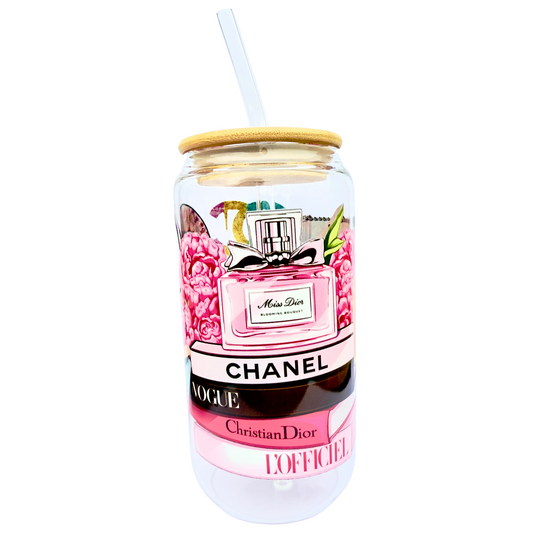 16oz Glass Tumbler with Bamboo Lid & Straw – Luxury Fashion & Perfume Design