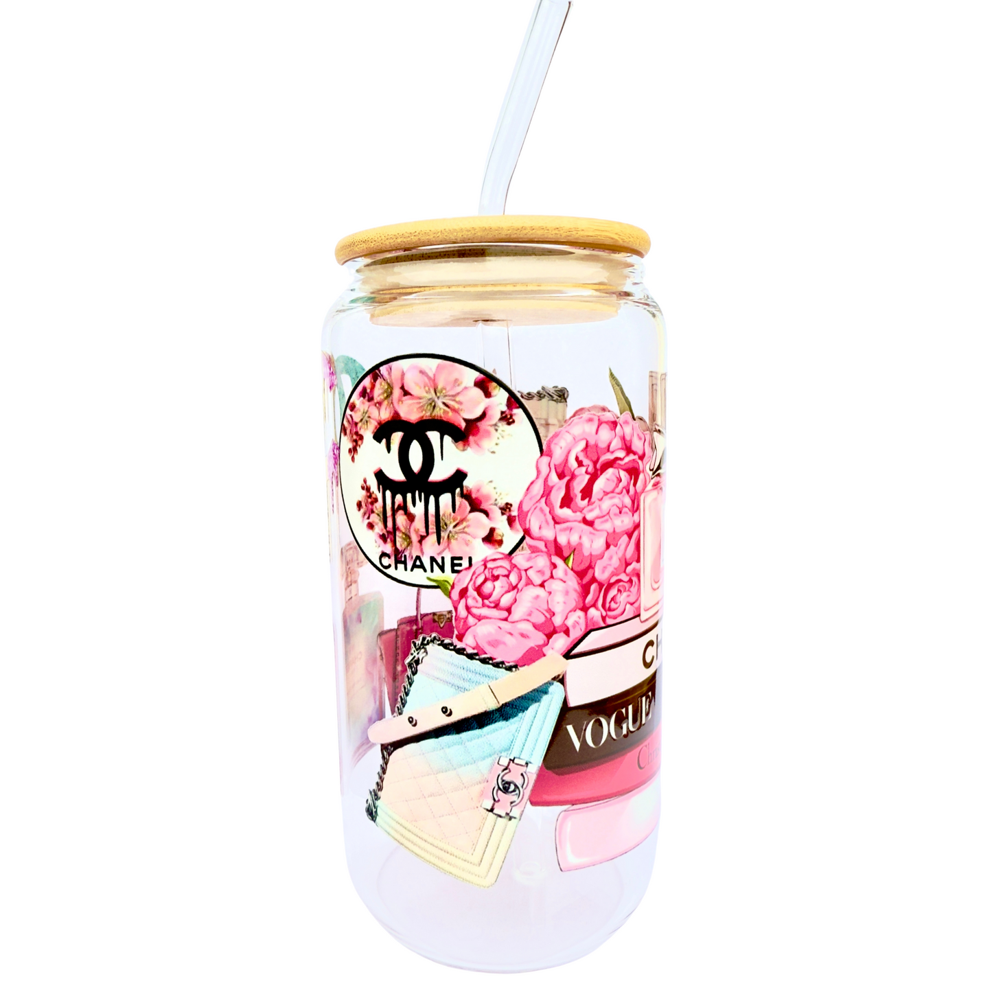 16oz Glass Tumbler with Bamboo Lid & Straw – Luxury Fashion & Perfume Design