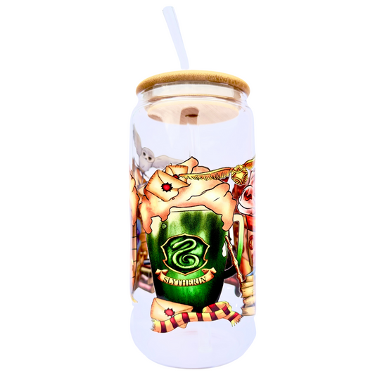16oz Glass Tumbler with Bamboo Lid & Straw – Wizarding World Houses & Platform 9¾ Design