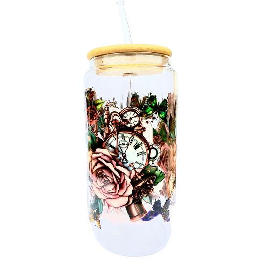 16oz Glass Tumbler with Bamboo Lid & Straw – Vintage Clock & Roses Steampunk Design
