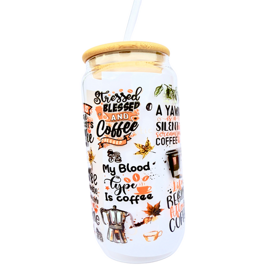 16oz Glass Coffee Tumbler with Bamboo Lid & Straw – “Oh for the Love of Coffee” Design