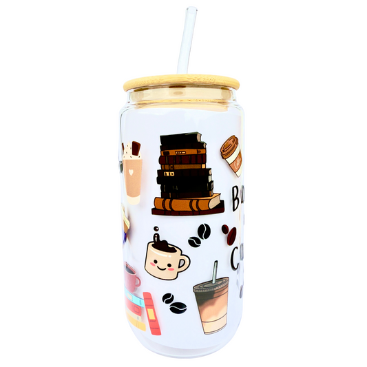16oz Glass Tumbler with Bamboo Lid & Straw – Books & Coffee Design