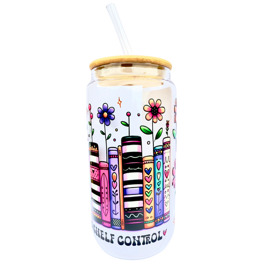 16oz Glass Tumbler with Bamboo Lid & Straw – “I Have No Shelf Control” Book Lover Design