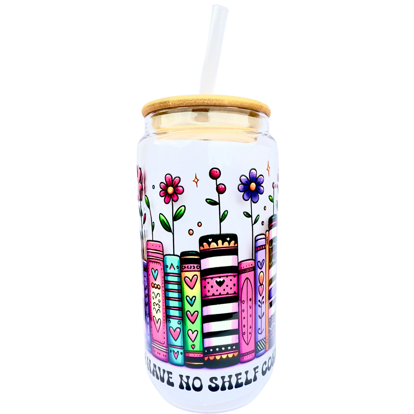 16oz Glass Tumbler with Bamboo Lid & Straw – “I Have No Shelf Control” Book Lover Design