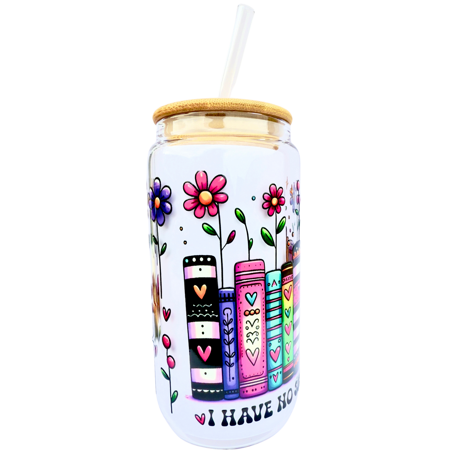 16oz Glass Tumbler with Bamboo Lid & Straw – “I Have No Shelf Control” Book Lover Design