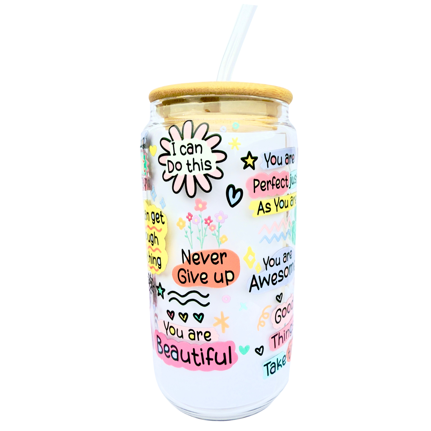 Cup of Positivity – Glass Tumbler with Bamboo Lid & Glass Straw
