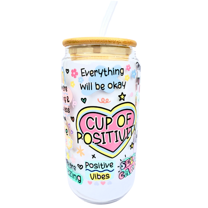 Cup of Positivity – Glass Tumbler with Bamboo Lid & Glass Straw