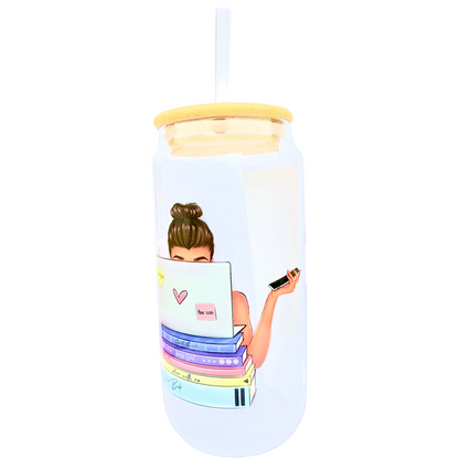16oz Glass Tumbler with Bamboo Lid & Straw – “Just a Girl Boss Building Her Empire” Design