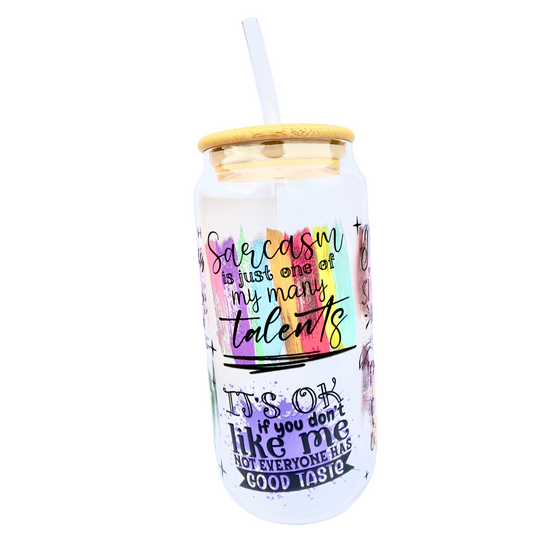 16oz Glass Tumbler with Bamboo Lid & Straw – “Fresh Sarcasm Served Daily” Funny Quote Design