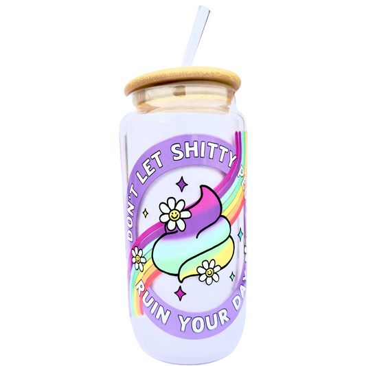 16oz Glass Tumbler with Bamboo Lid & Straw – “Don’t Let Sh*tty People Ruin Your Day” Rainbow Design
