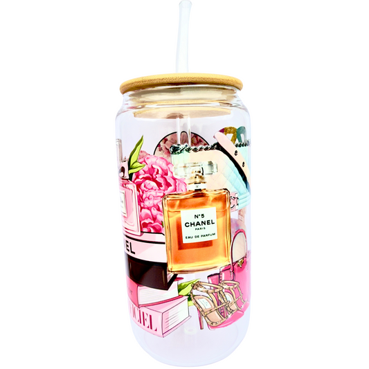 16oz Glass Tumbler with Bamboo Lid & Straw – Luxury Fashion & Perfume Design