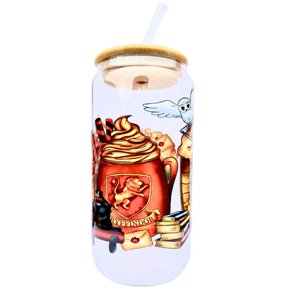 16oz Glass Tumbler with Bamboo Lid & Straw – Wizarding World Houses & Platform 9¾ Design