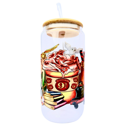 16oz Glass Tumbler with Bamboo Lid & Straw – Wizarding World Houses & Platform 9¾ Design