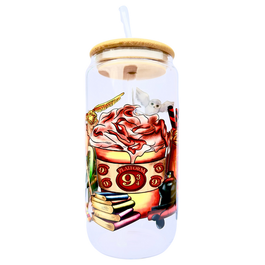 16oz Glass Tumbler with Bamboo Lid & Straw – Wizarding World Houses & Platform 9¾ Design
