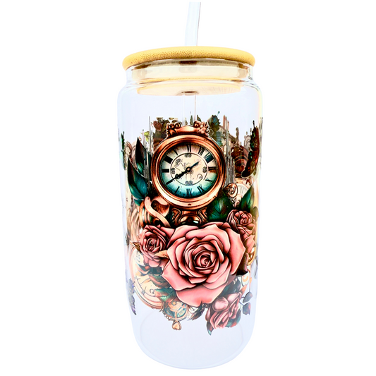 16oz Glass Tumbler with Bamboo Lid & Straw – Vintage Clock & Roses Steampunk Design