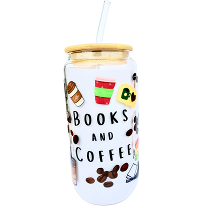 16oz Glass Tumbler with Bamboo Lid & Straw – Books & Coffee Design