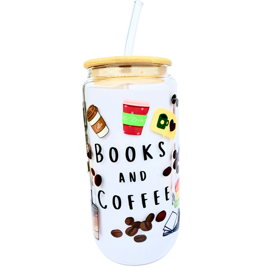 16oz Glass Tumbler with Bamboo Lid & Straw – Books & Coffee Design