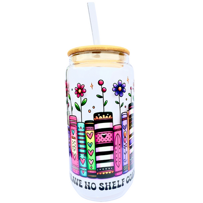 16oz Glass Tumbler with Bamboo Lid & Straw – “I Have No Shelf Control” Book Lover Design