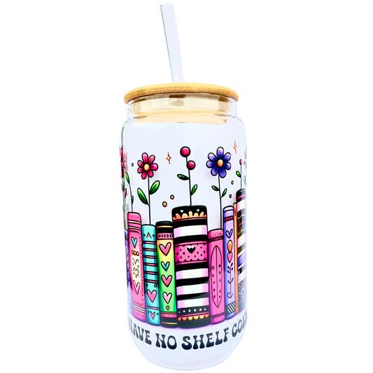 16oz Glass Tumbler with Bamboo Lid & Straw – “I Have No Shelf Control” Book Lover Design