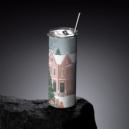 Festive Victorian Townhouse Slim Tumbler | Snowy Winter Village Insulated Travel Mug