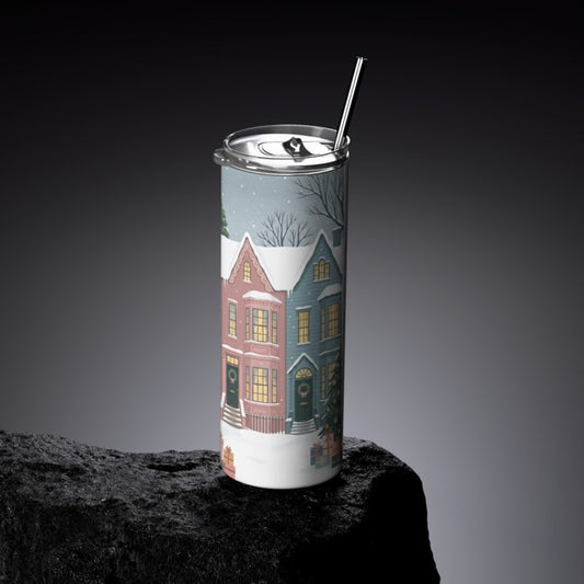 Festive Victorian Townhouse Slim Tumbler | Snowy Winter Village Insulated Travel Mug