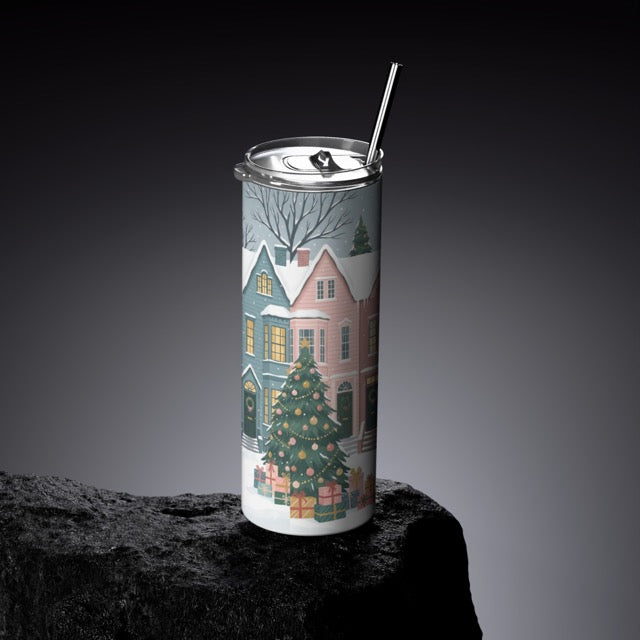 Festive Victorian Townhouse Slim Tumbler | Snowy Winter Village Insulated Travel Mug