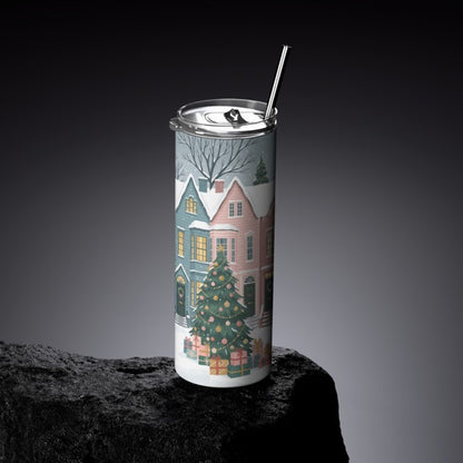 Festive Victorian Townhouse Slim Tumbler | Snowy Winter Village Insulated Travel Mug
